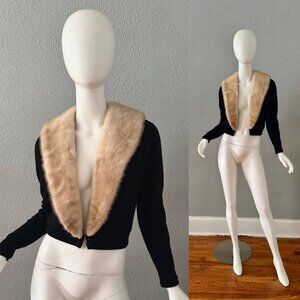 Vintage 50s Black Cashmere Bernhard Altmann Mink Collar Cardigan Sweater